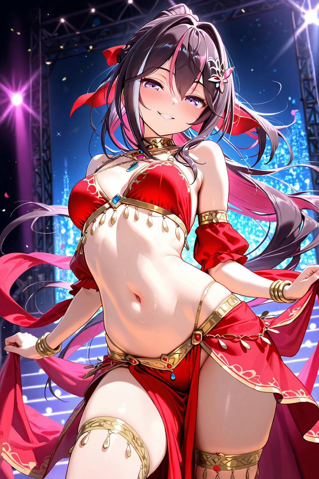 high quality, ultra detailed, best quality, insanely detailed, beautiful, masterpiece, 1girl, stage, spot light, red eyes, long hair, light purple hair, belly dancer, bare legs, bashful smile, dancing, large breasts, cleavage, soft stomach