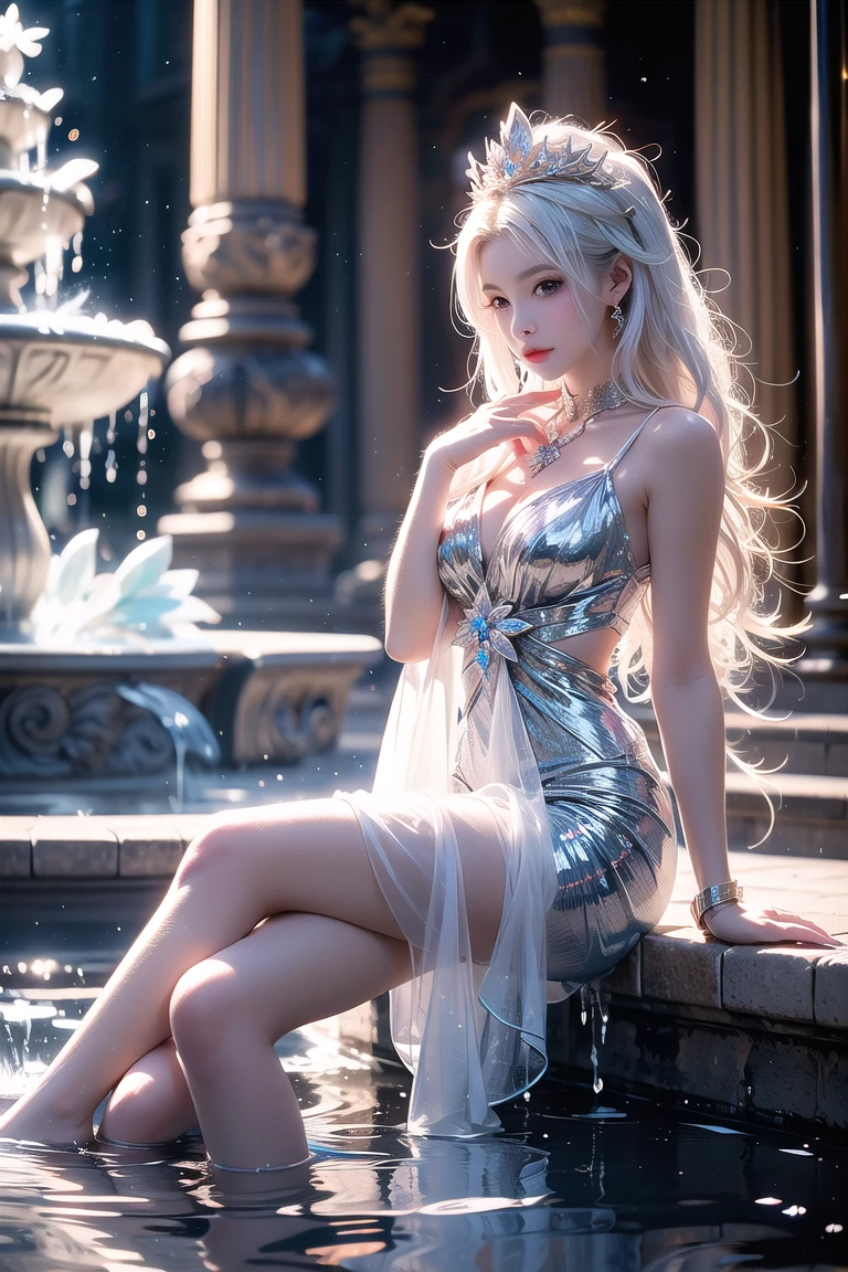 ((masterpiece, top quality, super definition, high definition)), solo, beautiful girl, shining eyes, perfect eyes, perfect body, ((full body)), 15 years old, 5 fingers on the hand, bikini, silver theme, high heels, --auto --s2