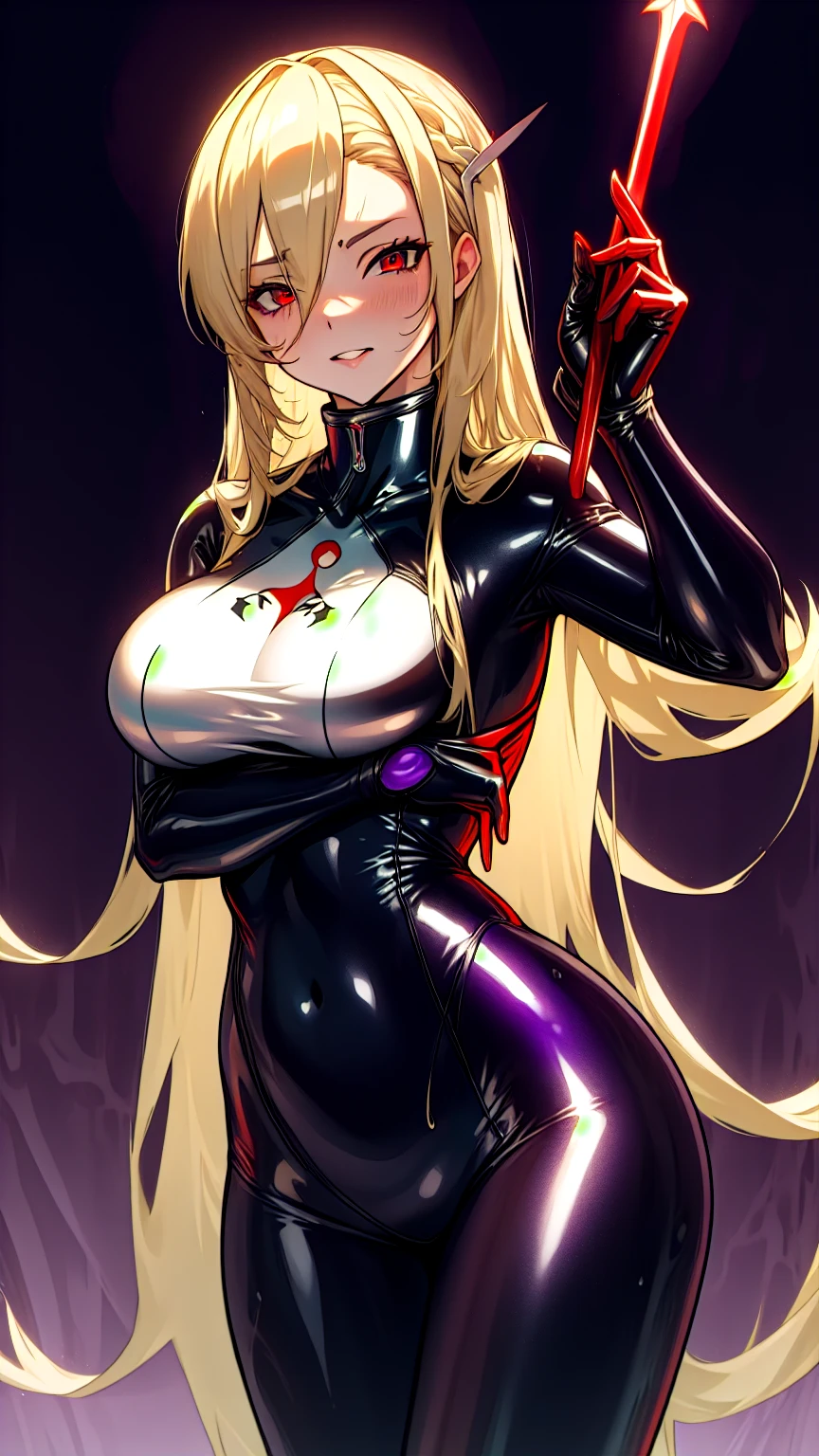 Carefully draw the face High-quality faces in anime style a blond Shiny black full body suit Red lines all over the body huge tit Big ass Whip thighs seductiv a smile succubus Stroking your thighs