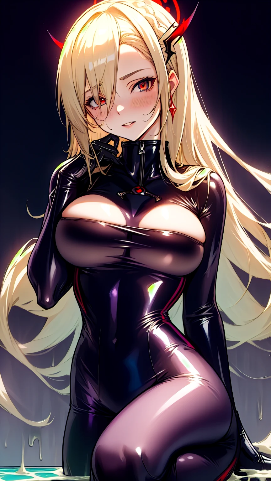 Erotic Lusamine, tall, busty, blonde, mature, married woman, female executive in shiny purple rubber suit, red, black background, heart, bedroom, dark theme, evil, temptation, excitement, condescending smile, sexy pose, upper body emphasis, lying on man, angle from below, bat wings
