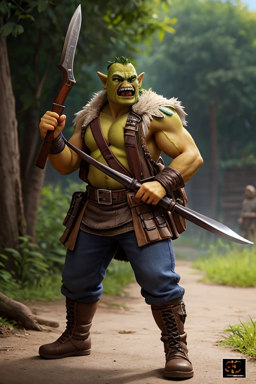Muscular Shrek, with a black and green checkered Japanese kimono, long black hair with red, a katana with fire in hand, a wooden box on the back
