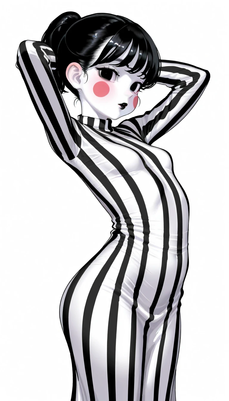 Mime girl , mime makeup , big breast , black and white strip top with long sleeves , leggings black , black hair