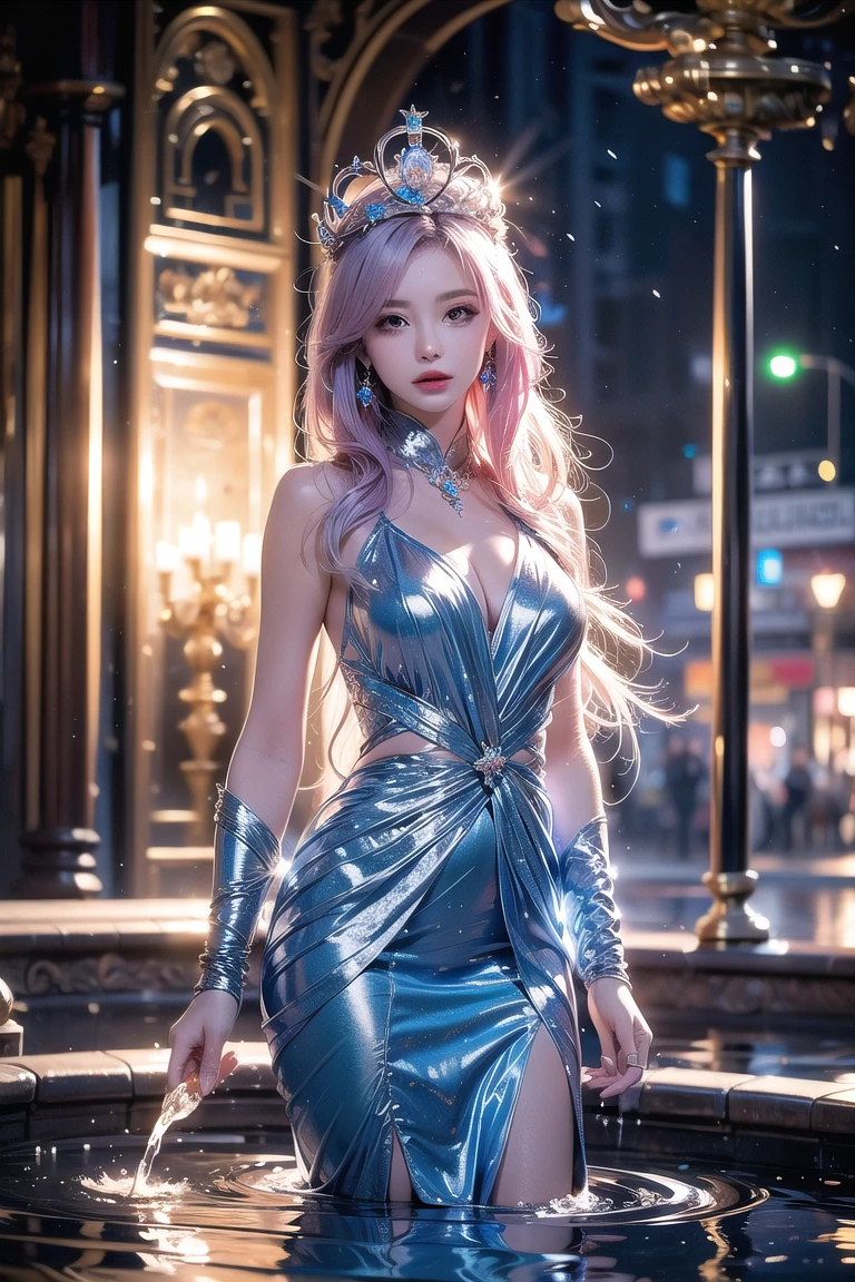 kda, ((Cleavage visible, E-cup size)), ((Close shot)),Very cute pretty girl, (pink blonde hair, curly hair) street scene, street shot, night, Standing posture, Very nice leg, Beautiful woman, long flowing hair, sparkling eyes, confident pose, random Angle, slender and toned legs, soft ambient lighting, warm inviting color palette, rich gold and beige tones, soft pastels, high-quality, realistic, detailed, 8k resolution.