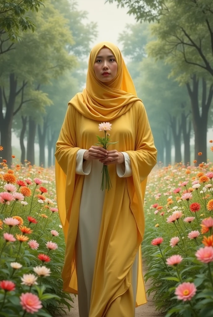 There is a hijabi Indian woman who is standing in the garden, wearing a mask on her face and showing her full body.