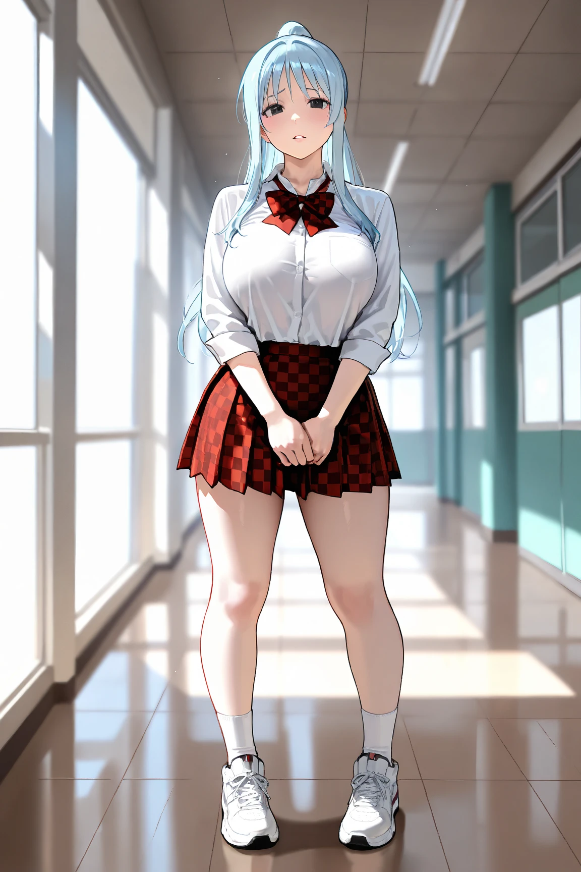 A cute teenage girl, beautiful beauty, big chest, long soft wavy light blue hair, her purple eye, wears a white button-down shirt, wearing a gray sleeveless button-down vest and a metallic purple skirt, pair of red socks, and yellow heels.
