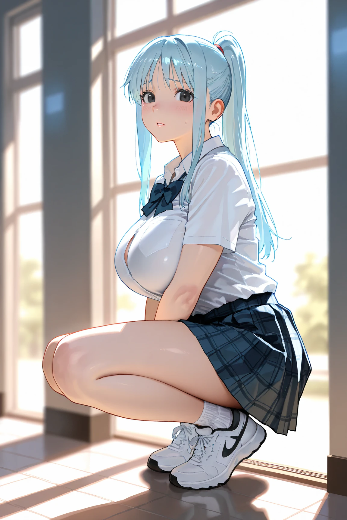 NSFW, Obra-prima, Melhor qualidade, ultra high-definition, Max Resolution, Muito detalhado, professionnal lighting, pele limpa, esbelta, Muito bonito, Rosto jovem, Seios ligeiramente menores, 1girl, Axilas, Blush, Arco, Embarrassing breasts, Choro, teardrops, foco feminino, De baixo, Gluteals, Arco de cabelo, Enfeites de cabelo, Levante-se, Cabelo comprido, Clock viewer, Uniforme escolar, camisa nua, Umbigo, Cabelo laranja, Olhos roxos, transparente,  camisa branca, sem calcinha, solo, sitting on the ground, pernas abertas, pernas levantadas, gotas de suor, abaixar, areolae, camisa para cima, sala de aula da escola noturna, lateral