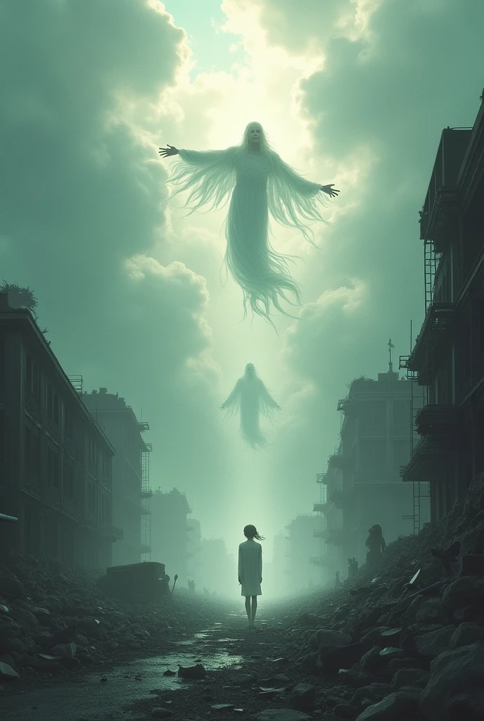 The protagonist looks at the spectral figures with a mixture of fear and reverence..
The spirits seem to communicate with him through his movements., as if they were showing him what he must do to survive the earthquake.