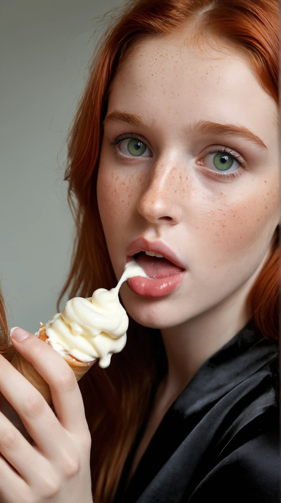 ultra realistic, photography, portrait, upper torso, red haired girl, 20 years old, hourglass figure, perfect body, supermodel, long legs, tongue licking popsicle, seductive