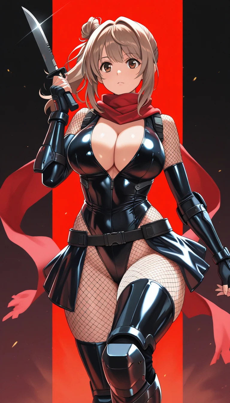 ((1 girl)), ((sitting on chair)), ((rope bondage)), ((arms behind back)), ((fully bound)), (restrained tightly), ((helpless)), (crimson hair, black hooded jacket, black shirt, black shorts, tights socks), (((big breasts))), ((blushing))