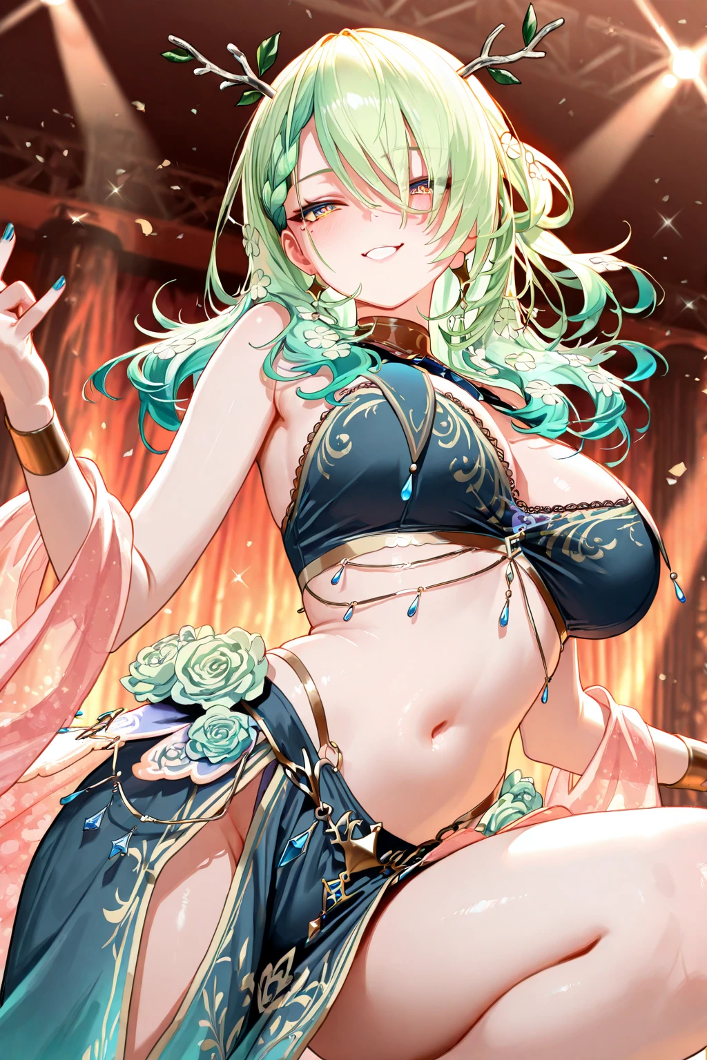 {{{{Masterpiece}}}}, {{{Awesome details}}}, {{{HD}}}, {{good anatomy}}, (((best quality))), ((Very delicate and beautiful)), {{Very detailed and neat.}}, {8k cgi wallpaper}, {{Enlightenment}}, (Traditional strapless Thai dress that is not too late.:1.2),Blonde,blue eyes,Ruffle,Transparent lace,beautiful accessories,Beautiful pattern,dress nicely,legendary crown,See through transparent clothes,There are a small amount of dark blue-white stripes.,Beautiful and delicate face,Bedroom scenes in western legends,nighttime,light,nighttime,Only one person.,(Flow skirt:1.1),Attractive pose, big breasts,Show your breasts,The cracks are clear...,((big tits)),(pubic bone), rift, visible chest, I see bulging nipples.,Navel drive,dance,dance