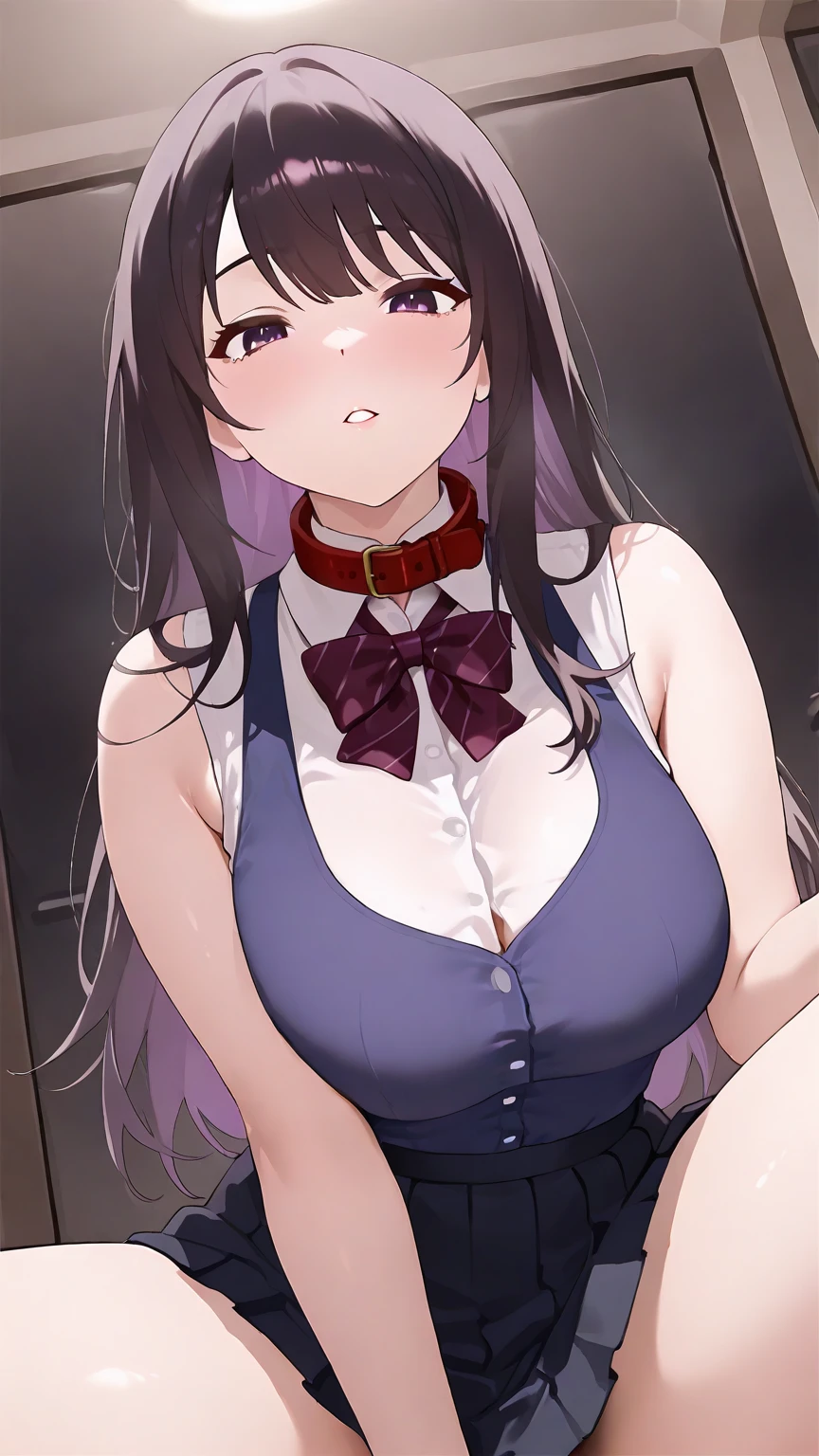 Huge cleavage, (masterpiece, top quality, best quality:1.2) cleavage, (cleavage), 1girl, solo, long hair, looking at viewer, bangs, brown hair, brown eyes, school uniform, upper body, necktie, vest, (low twintails, hair over shoulder,) black necktie, breasts, blush, skirt, large breasts, shirt, thighhighs, cleavage, school uniform, pleated skirt, choker, black thighhighs, necklace, bracelet, plaid, red skirt, garter straps, plaid skirt, thigh, partially unbuttoned, gyaru, kogal, shy look,  huge tits