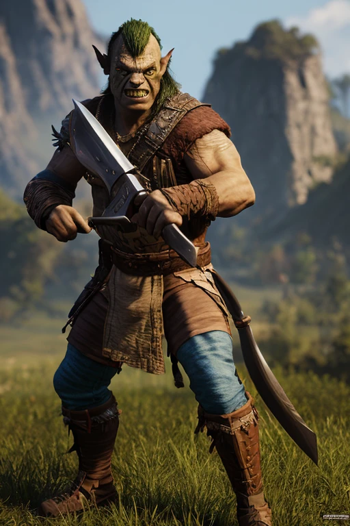 young half-orc berserker with grey hair, who leans on his weapon