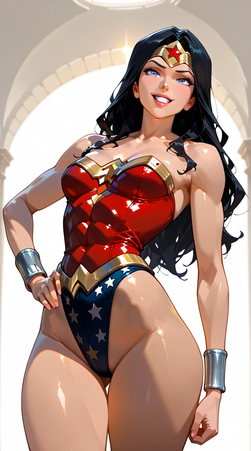 Art image of Monica Belluci as Wonder Woman, busty, beautiful, black hair, large breasts, ancient Athens background, by Louis Royo, Boris Vallejo, Frank Frazetta, extreme focus, sharp details, sexy, oily skin, sexy, naughty, dynamic pose