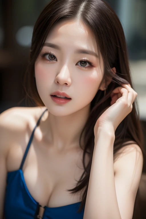 Korean Women、goddes、perfect bodies、The upper part of the body、ball head、detailed skin texture and cloth texture、Detailed eye texture、detailed eyeball、long eyeslashes、Close up of thin eyelashes、二重まぶた、Light smile、8K、top-quality、masterpiece、超A high resolution:1.2、draped fabric、Beautiful female photos with elegant style as the theme、Arafi woman in fisherman's hat、sky-blue dress、Photo mode、 The upper part of the body、soft fabric、Fine fabric texture、doress、fluent dress、elegant dress、elegant dress、wearing dresses、H-cup