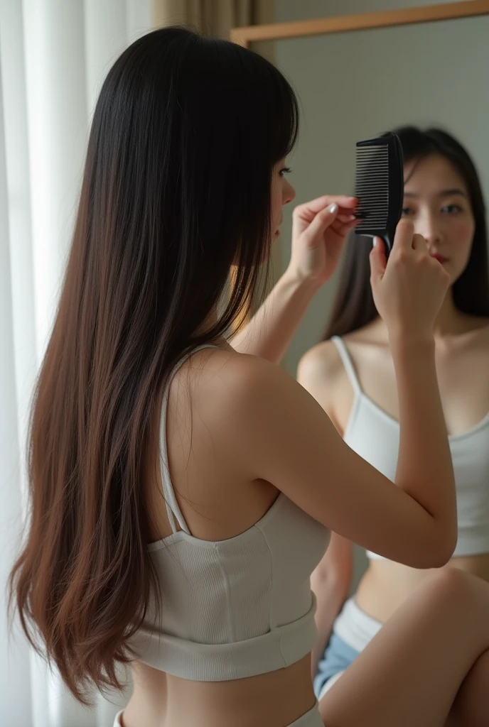 A woman taking a photo, smile, Happy, Long hair that goes up to the buttocks, Straight hair, Detailed skin, Daytime, Hot summer day, Natural light, Detailed face:1.2, Sharp focus, Hasselblad Photos, Tabletop, light makeup, Cinema Lighting, 4K, Highest quality、Beautiful Hair