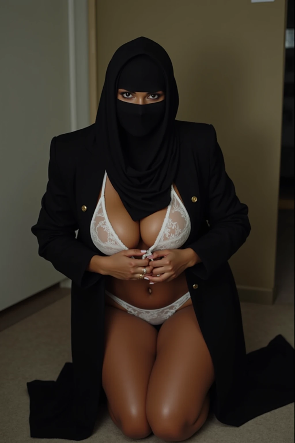A busty mature 50 years old, wearing hijab and jewelry and suspender stockings,giganticboobs ,bigass,nude