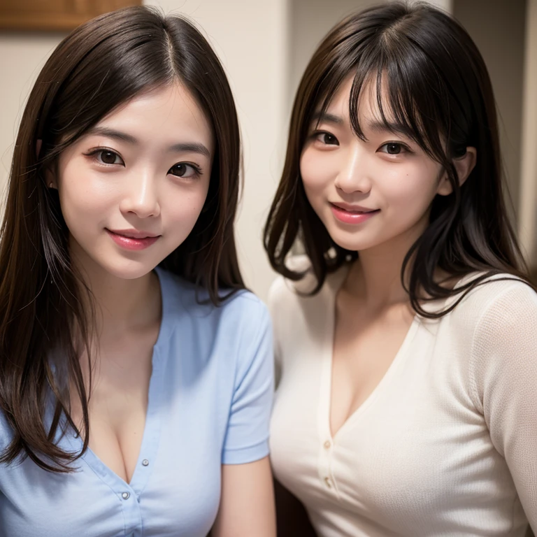 Mother and daughter couple, Two shots, 40-year-old woman, 10th generation women, Bring your cheeks together, The background is the room, A woman with large breasts and a slim figure, Random hairstyle, Realistic teeth, double eyelid, smile, Spring outfit, Waist up shot,