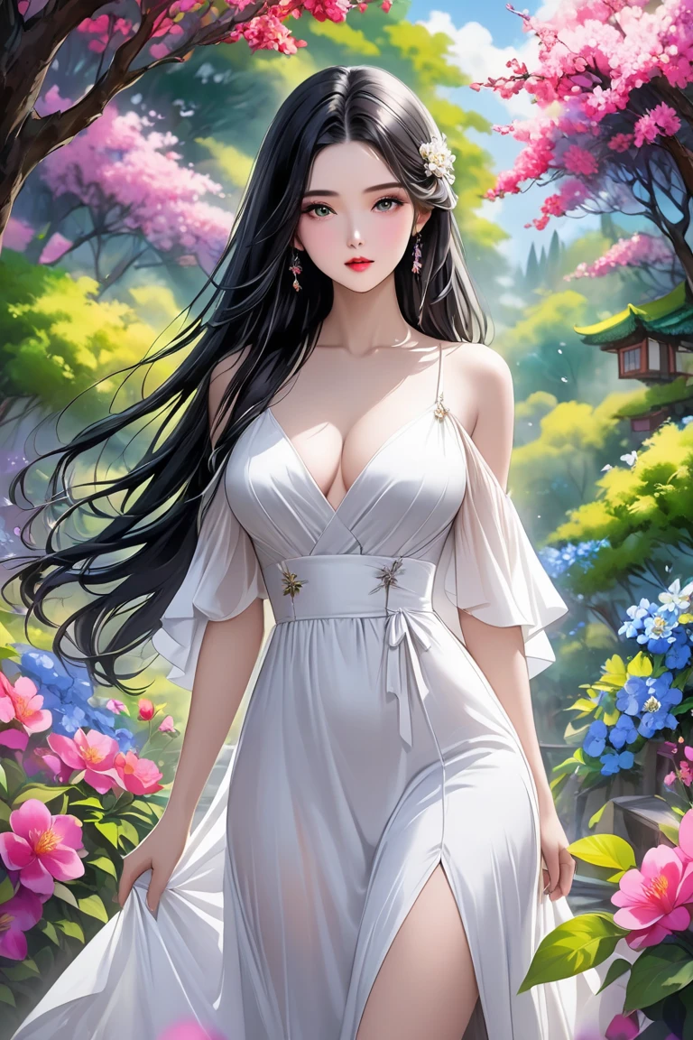 Beautiful black-haired girl with green eyes and long hair in elegant white dress in a beautiful forest full of flowers photo shoot 