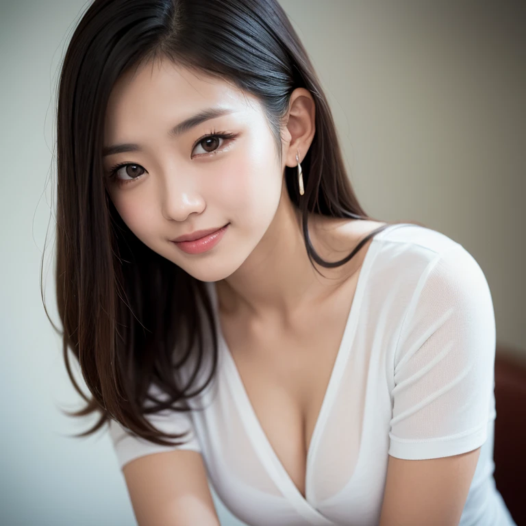 19 girl, pretty, Thai, random posture, standing in front of cafe, sweat, (rounded breast), white tight tank top, very short jean, slim body, tie her hair, 8k, 1.4f, professional photography