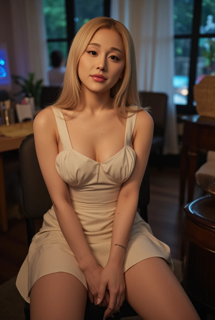 realistic photo, a realistic photo, blurry, young, delicate face, blonde hair, bare shoulders, long dress, necklace, smile, white coat ,realistic photo, a realistic photo,(photo realistic:1.1), best quality, masterpiece, ultra high res, (8k, RAW photo:1.2