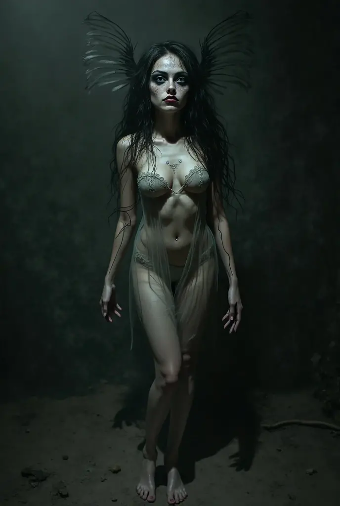 (Full body)  is draped in tattered and rotted clothing that seems to meld seamlessly with her surroundings. Her hair is unkempt and tangled, and her skin is marred with grime and dirt. Her eyes, however, gleam with a disturbing intelligence.  (Frank Frazetta) (masterpiece)