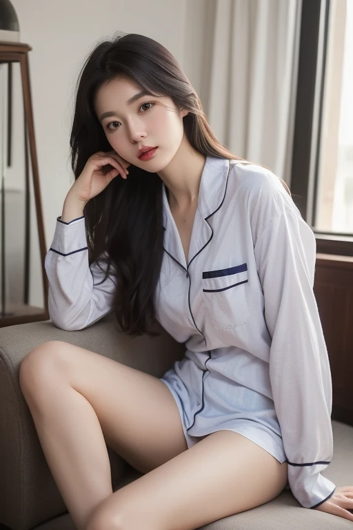 best quality, masterpiece, ultra high res, 8K, raw, (photo realistic:1.4), physically-based rendering, depth of field, looking at viewers, slender, (sitting:1.1), in the bed room, detailed beautiful face, 1 girl, cute, young, nose blush, big black eyes, open mouth, tiny breasts, black hair, detailed clothes, (pajamas:1.3), no shoes ,pureerosface_v1,