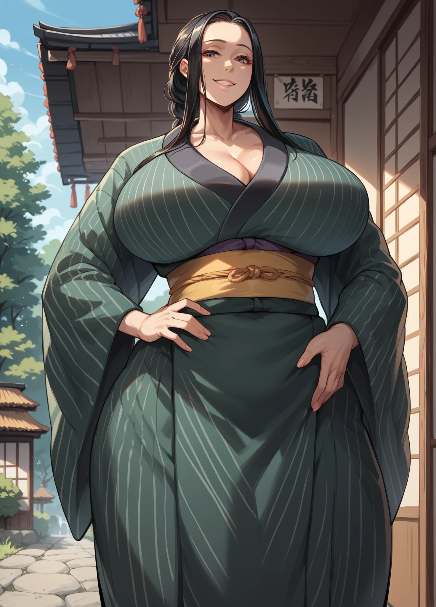 A girl with long straight purple hair and purple eyes with tan skin and full breasts standing straight facing the viewer in a kimono, perfect,