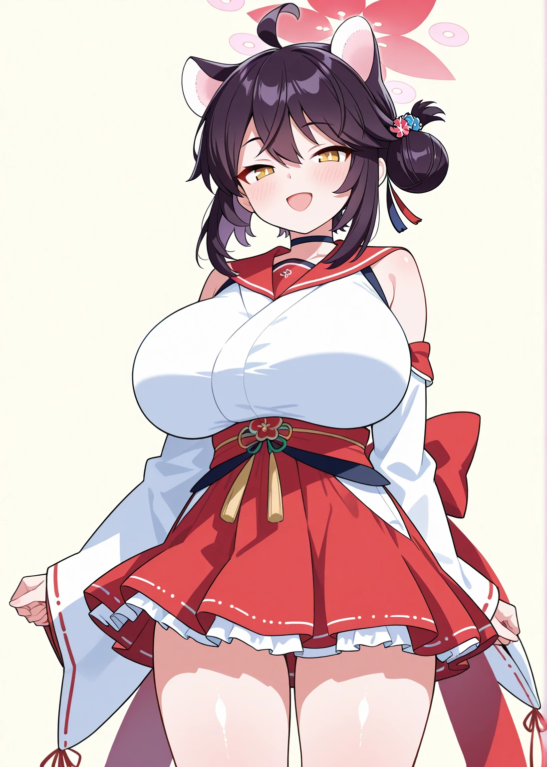 Highest quality、Short black hair、Twin tails、Iris、Grinning、Big Breasts、Cleavage、Pink pajamas、belly button、Thighs