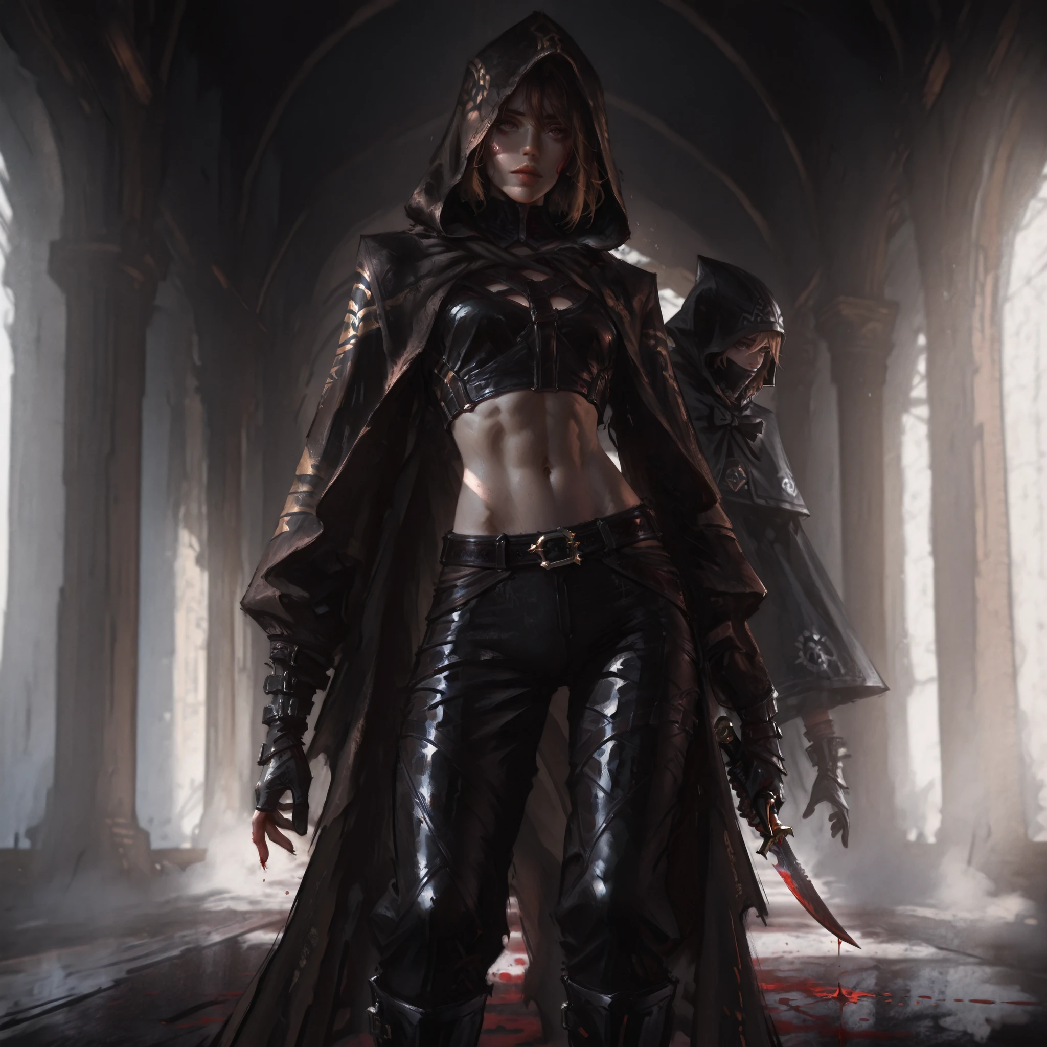 artist: wlop, masterpiece, best quality, illustration,( a young woman with pale skin), brown hair, brown eyes, black assassin outfit, hooded outfit, black hooded cloak, hood pulled up, full covering assassin cloak, black high neck top, detailed face , wearing fitted black leather pants , wearing black gloves, wearing black leather boots , fantasy, perfect anatomy, detailed, lighting, fit body, toned body , ideal ratio body proportions , Realistic Shadows, detailed face, detailed eyes, epic, highly detailed, illustration style background, cinematic background, cinematic lighting, detailed eyes, Official Art, face focus, eye focus, high resolution, cinematic, perspective, scenery background, pose, 8k, landscape, (official art), (scenography), (the Extremely Detailed CG Unity 8K Wallpapers), perfect anatomy, detailxl, SoulFightersStyle-IL.V1.0, SoulFightersStyleSplashArt-IL.V1.0, standing pose , darker tones, blood, blood splatter, holding assassin dagger in hand coated with blood,