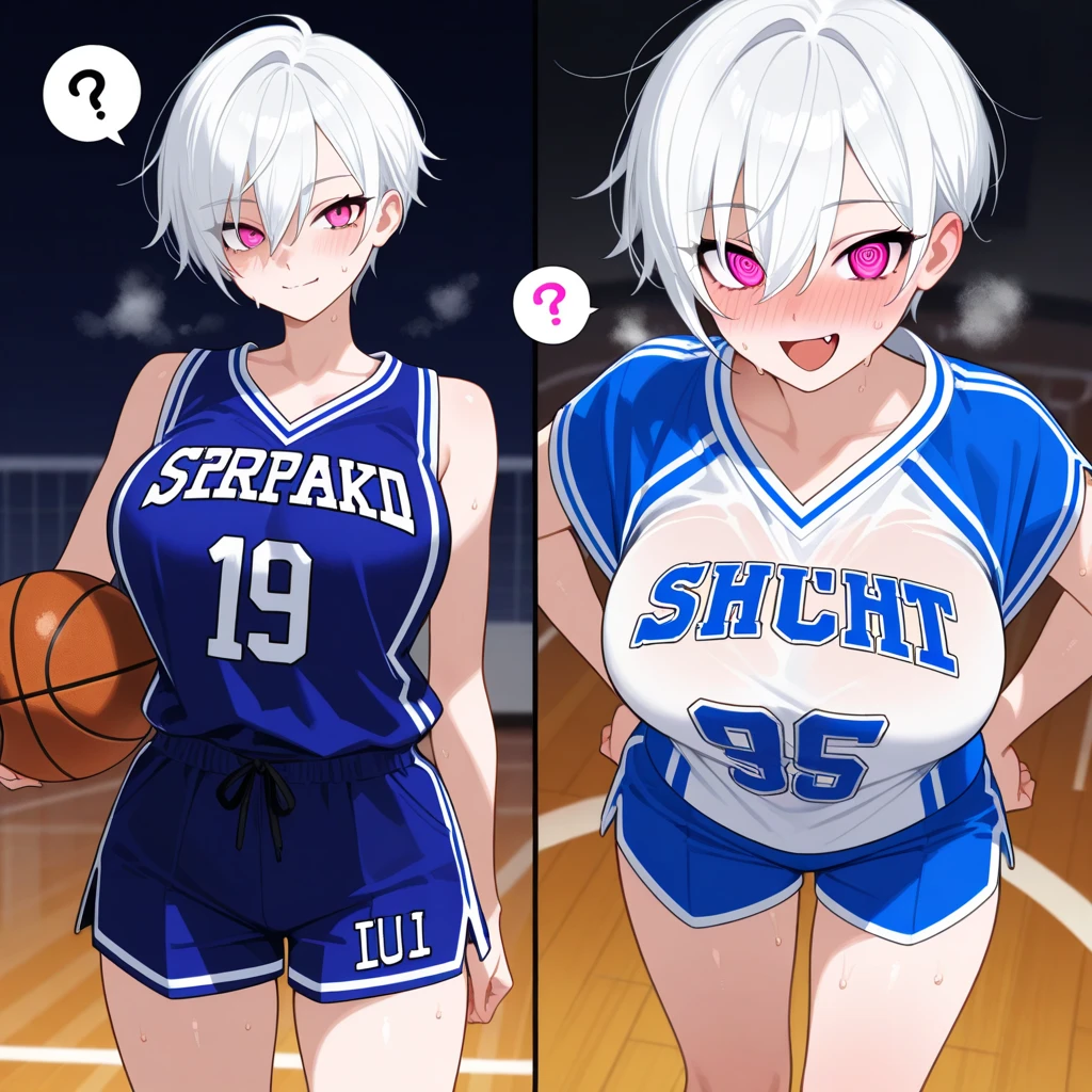 ((best quality)), ((masterpiece)), (detailed), perfect face. White hair. Ponytail. Anime girl. Asian girl. Nekomimi. Ulzzang. Pink eyes. Glowing eyes. Basket uniform.