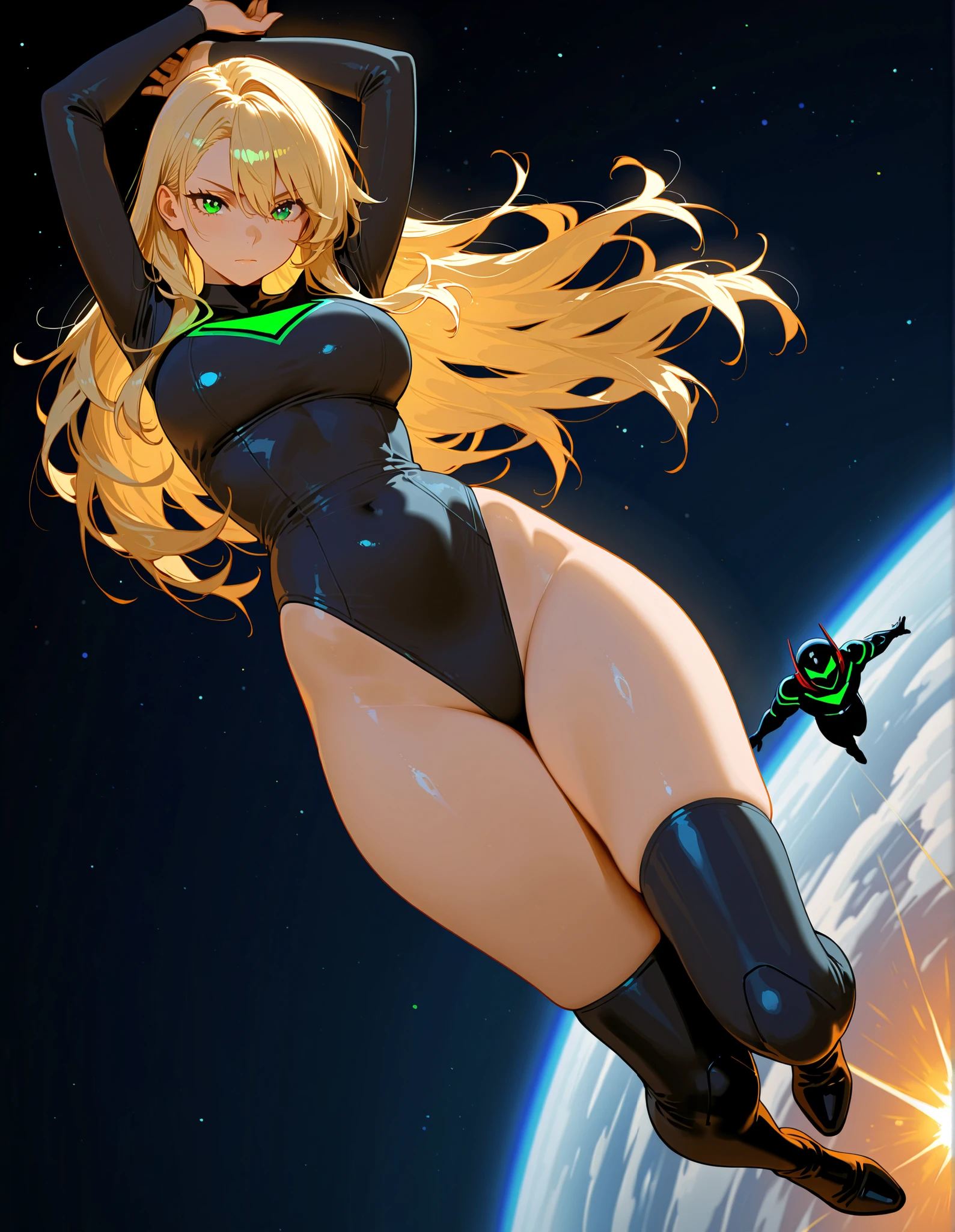 Galaxy space, vibrant colors, beautiful woman, huge , tiny green bikini showing cameltoe, big ass, CAP, green latex gloves, best quality, anime illustration, cinematic lighting, ((solo, one girl)), (8K CG, highly detailed), green hair, big breast, showing nipple,