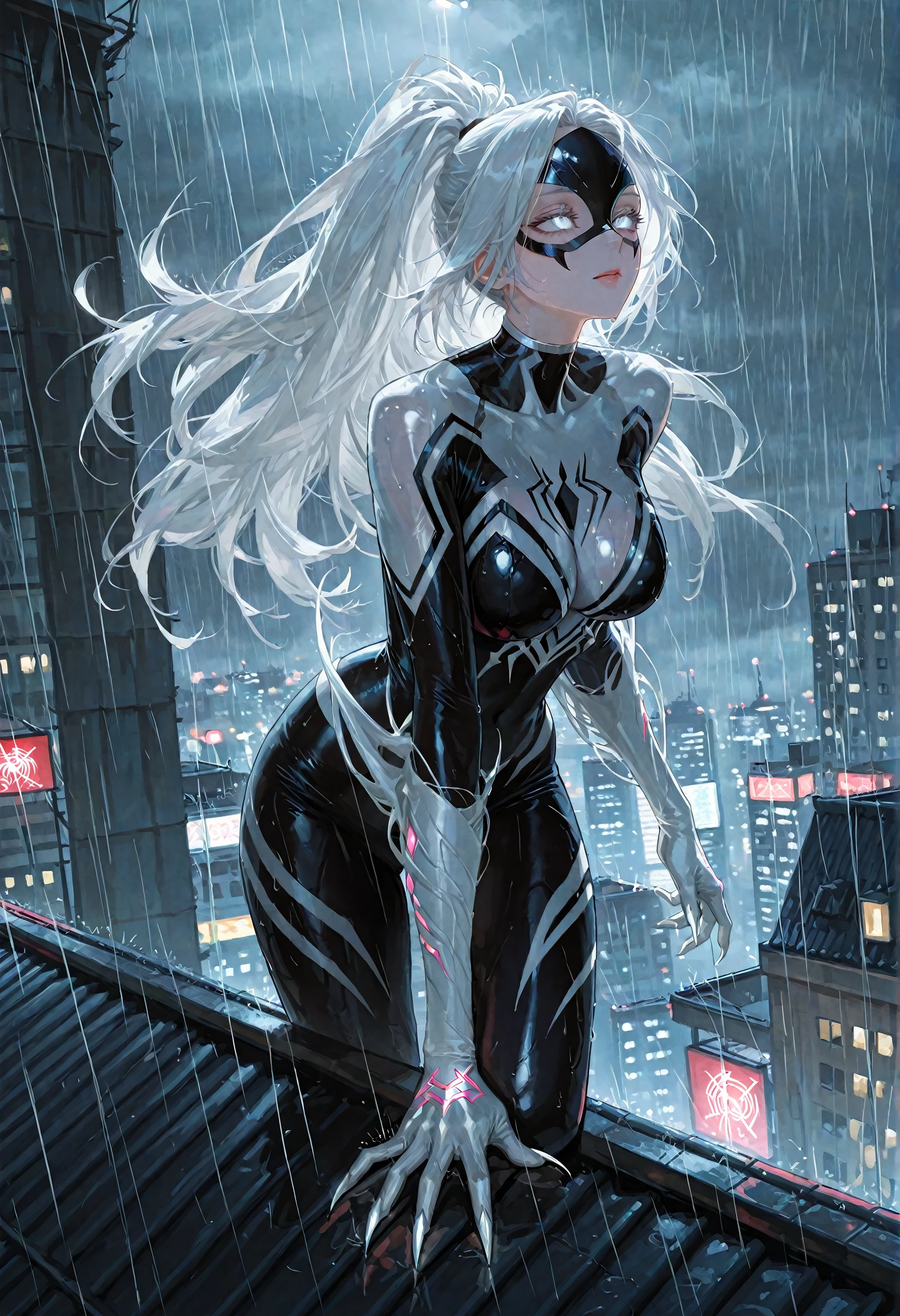 Spider-Man in white/black uniforms, Black clothing details, hdr, hyper HD, 64k, Highly detailed, professional photoshooting：Sergio Nogueira, trending on artstationh, illusory engine, Vivid colors, High-resolution scanning