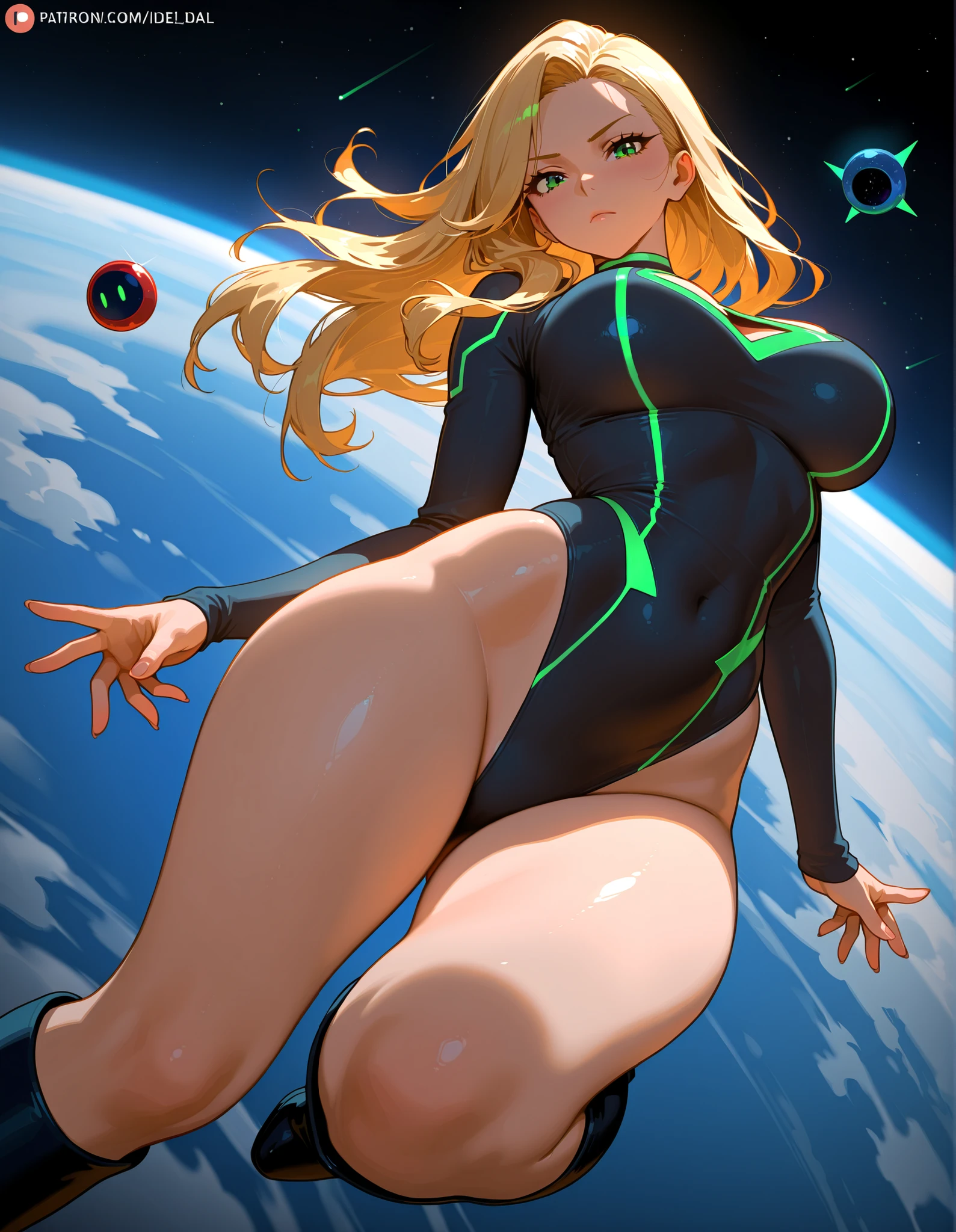extremely delicate and beautiful, Amazing, finely detail, masterpiece, ultra-detailed, highres,best illustration, best shadow,intricate,sharp focus, high quality, woman, solo, long hair, curvy, milf, giant breasts, sexy body, black yoga pants, light brown eyes, cosmic surreal space, Alien planet background, lots of multi colour stars, spaceship wreckage