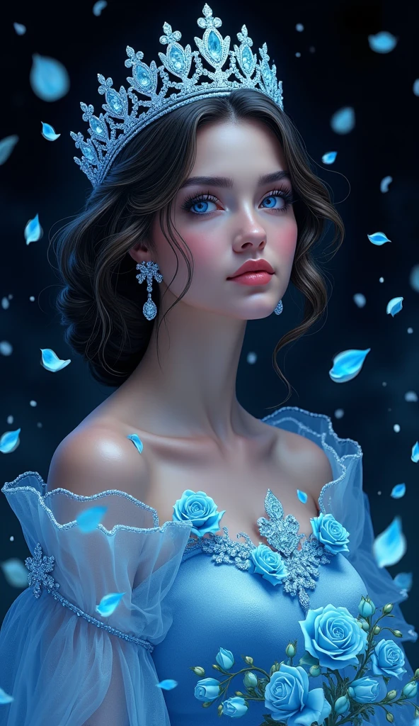 This is realistic (((fantasy))) artwork set in the frozen rose garden of an enchanted ice castle in winter and should consist of many shades of cold blue colors. It is snowing heavily. Generate a proud woman with a (((highly detailed face))) dressed in the billowing folds of a stunning French silk ballgown. The woman's elegant face is ((((highly detailed, with realistic features and soft, puffy lips.)))) The ballgown is embellished with ruffles, sashes, and bows and a delicately, but intricately, hand-embroidered bodice. The corset features silk ribbon. She is wearing Victorian royal winter outer clothes. The woman's stunning eyes are beautifully detailed, featuring realistic shading and multiple colors, and in high resolution. The woman is in a garden of eternal roses, each one beautifully formed and highly detailed. These realistic roses feature shimmering shades of light blue, dark blue, silver, and glimmering blue-purple. The eternal rose is a deep shade of periwinkle with shimmering iridescent overtones and undertones. Ensure that the woman's face, hair, and eyes are perfect. realism, high fantasy, whimsical fantasy, storybook fantasy, fairytale fantasy, fantasy details, enchanting, bewitching, 8k, hires, CGI, digital painting, unity, unreal engine, (((masterpiece))), intricate, elegant, highly detailed, majestic, digital photography, art by artgerm and ruan jia and Greg Rutkowski, (masterpiece, finely detailed beautiful eyes: 1.2), hdr, realistic skin texture, (((1woman))), (((solo))), Include a highly detailed face, extremely detailed face, and interesting background.
