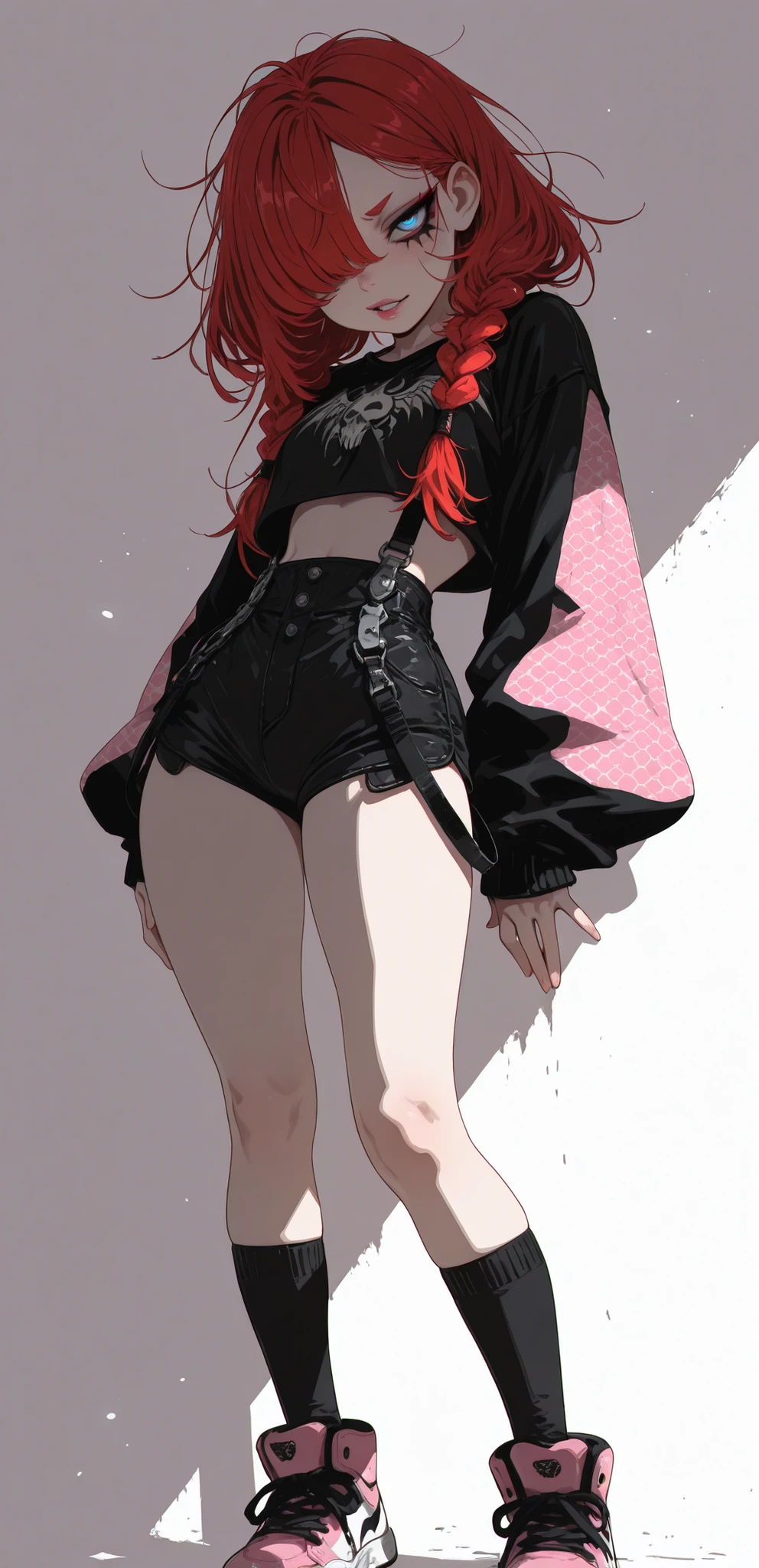 (masterpiece:1.35), (very aesthetic, best quality:1.3), highly detailed, dark environment, backlit, absurdres, hyperdetailed, addmicrodetails, flat anime artstyle, (no lineart), detailed shading and shadows, solo, intricate design,
Simple background, white background, chromatic aberration, sharp detail, black particles,
1girl, young woman, bratty, punk makeup, flawless skin, perfect face, expressive face, (petite), slender, Female, red hair, twin-braids, multiple braids, messy hair, swept bangs, hair over one eye, long braids, blue eyes, parted lips, lips, eyelashes, eyeliner, bold eyebrows, cleft ofvenus, hip_indentations, skindentations, very narrow waist,
Standing, Dynamic pose, black tanktop, cropped jacket, long sleeves, pink-camoflage pattern, exposed midriff, suspenders, straps, buckles, zippers, complex layering, complex composition, oversized and baggy shorts, microshorts, knee-high black socks, pink sneakers,