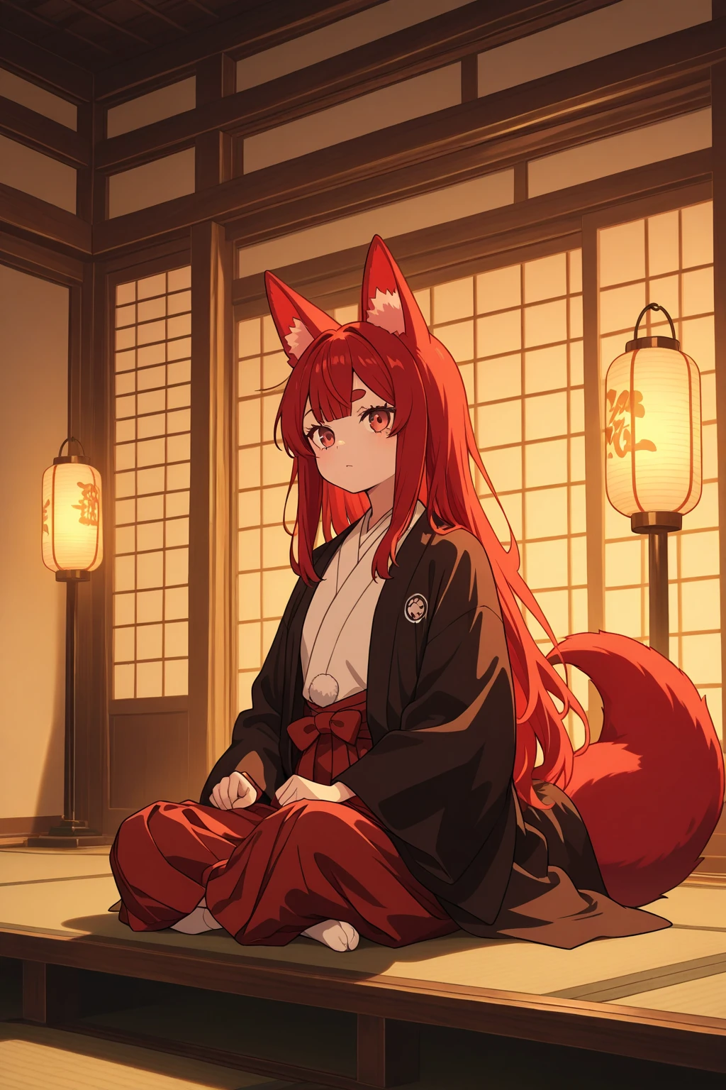 A  girl with long red hair.fox ears. Red kimono. On knees. Indoors. Living room. POV, sitting on knees on floor. Upper view. Tears. Sad face
