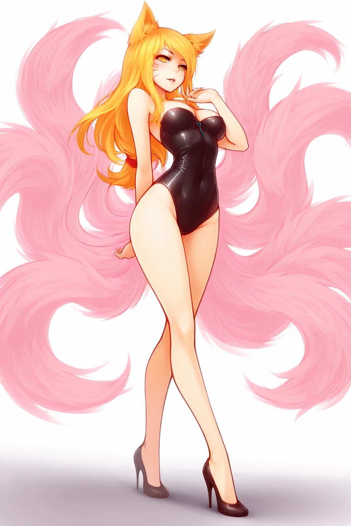 A beautiful woman with long, round hair and shoulder-length braids is standing in an orange high-leg leotard that shows a little of her breasts.。