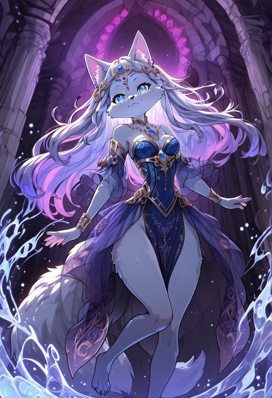 （Furry art，Uploaded on e621：1.4）shaggy，Furry female，Fluffy tail,canid，Full Body Furry，（Half head of gray hair, half pink hair：1.3），One eye is yellow，One is blue，long and flowing hair，etherealglow