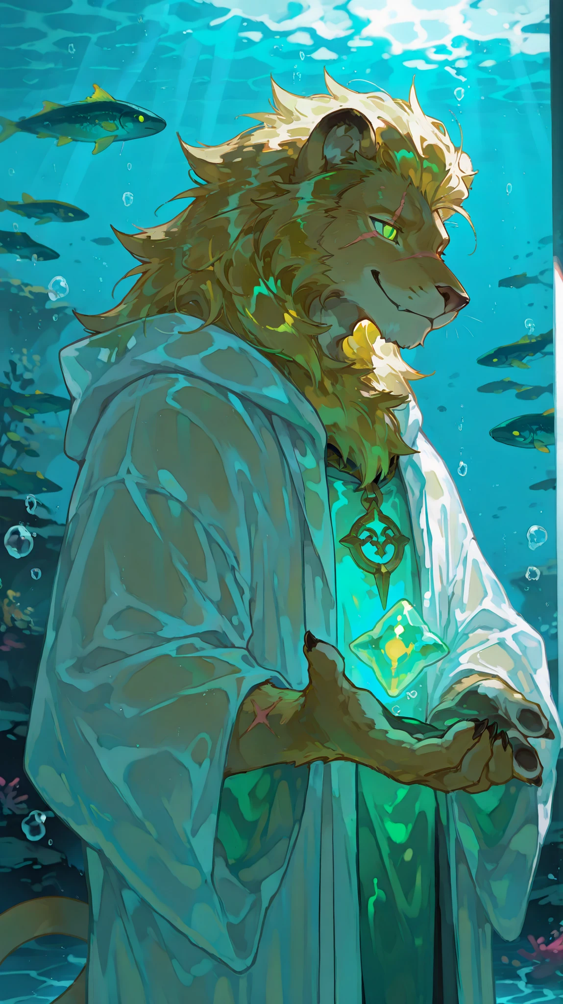 masterpiece, best quality, 8K resolution, HDR, 4K resolution, sharp focus, vibrant colors, anime cel-shading style, semi-realistic anime with detailed furry features, a powerfully built male lion furry with golden mane floating in deep ocean, glowing emerald green right eye, vertical scar over closed left eye, wearing translucent flowing robes that melt into seawater, schools of fish and glowing kelp parting around him, arms outstretched in slow descent through bioluminescent waters, sunlight refracting through surface far above, air bubbles rising from his mane, intricate fur details with underwater light caressing each strand, mysterious smile, depth of field emphasizing his face against the dark blue abyss below, no other humanoids