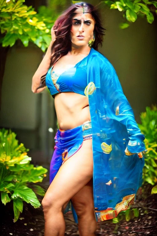 masterpiece, 8k wallpaper, a woman wearing a blue jacket with sunglasses on forehead, unzipped jacket, long pink sarong with exposed right thigh, looking at camera, standing forest background