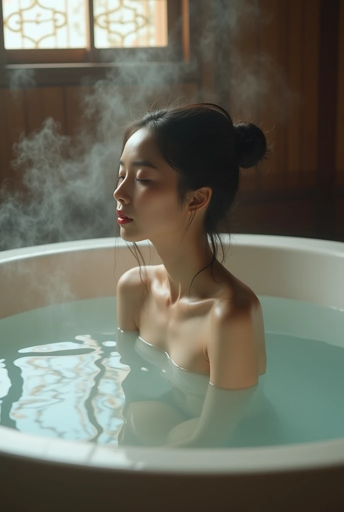 a Japanese woman in a bikini taking a bath