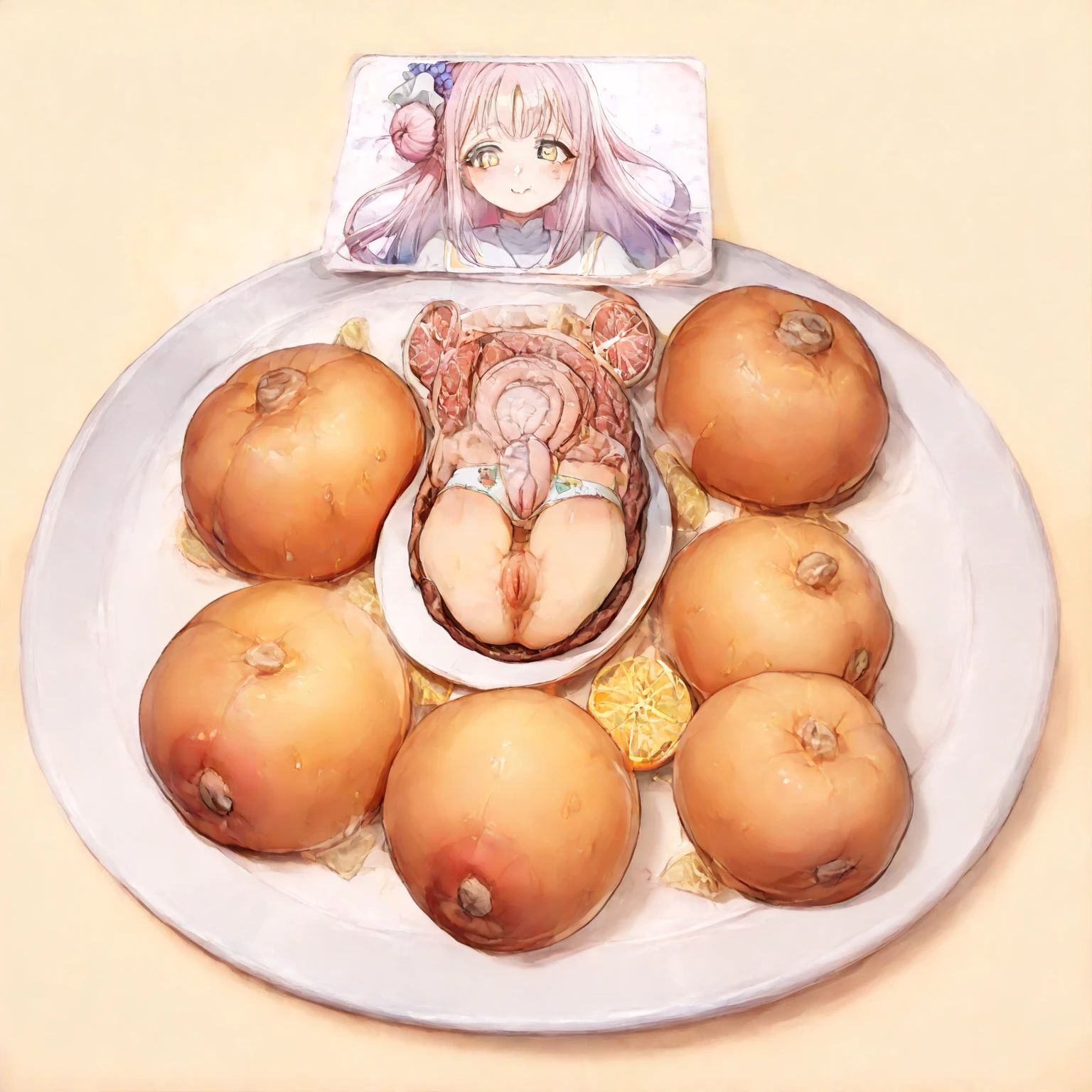 5 cm tall, tiny, shrunk, anime, blonde long hair, blue eyes, eating burger, hamburger, two-handed burger, naked, nude, elaina_\(majo_no_tabitabi\), no clothes, no panties, no socks, black background