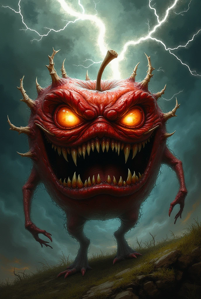 cartoon, caricature, funny slime monster, big red eyes, fangs, multicolored slime, funny horror, try to by scary but is funny, immersive background of city street