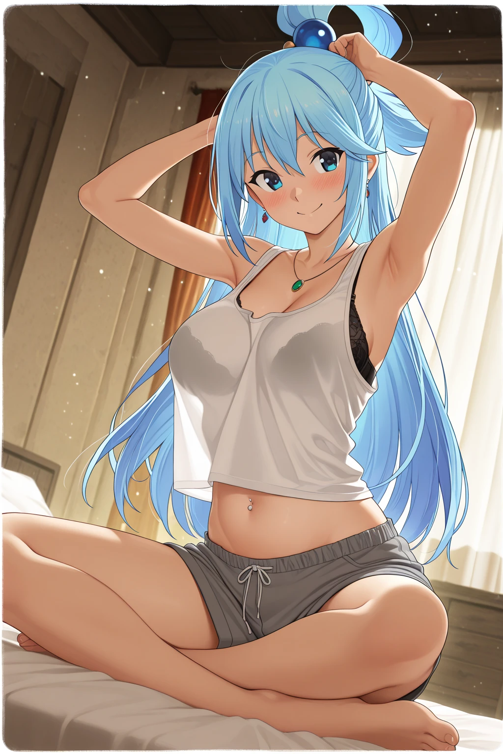 anime boy in a bra and panty posing for a picture、long green haired man、blue eyed man、Braid、half up hair、clothing:white bra、anime man with teal hair、bra with an white、panty with an white、anime moe art style、lingerie with an white、solo、seductive anime men、Beautiful charming anime teen、pretty anime men、Hymn to the King as a Prince、(anime boy)、cel shaded anime、whole body、Are standing、anime man with long hair、male focus、