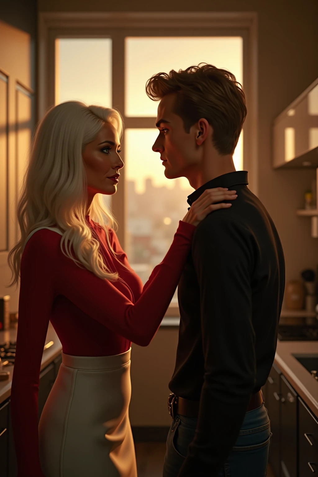 a beautiful blond woman, a young blond woman, a blond woman in a shiny coat, a sad blond woman, a madeup blonde woman, blon woman with lipstick, blond woman with smoky eyes, dramatic action pose, woman that is carrying a skinny man, there is a beautiful woman in a shiny coat who is carrying a blond man in her arms, a longhaired beautiful woman in a high-shine black puffy coat, a longhaired woman in a shiny downcoat, a woman is carrying a shorthaired man who is wearing black shorts, a weak man in black shorts is consciousless and needs to be carried, a shorthaired man with closed eyes is carried in the arms of a longhaired woman, a woman looks very scared and terrified, a consciousless man with closed eyes is suffering very much and has a very painful face, photo, photo shoot, photographed, arafed man being carried by a woman on a plane, very realistic, very very realistic, hyper-realistic, hyper - realistic, hyper realistic, jacket over bare torso, very disturbing, very hyperrealistic, tom cruise torso, super realistic, by Anna Füssli, hyperrealistic!, extremely realistic, very very very realistic, super-realistic