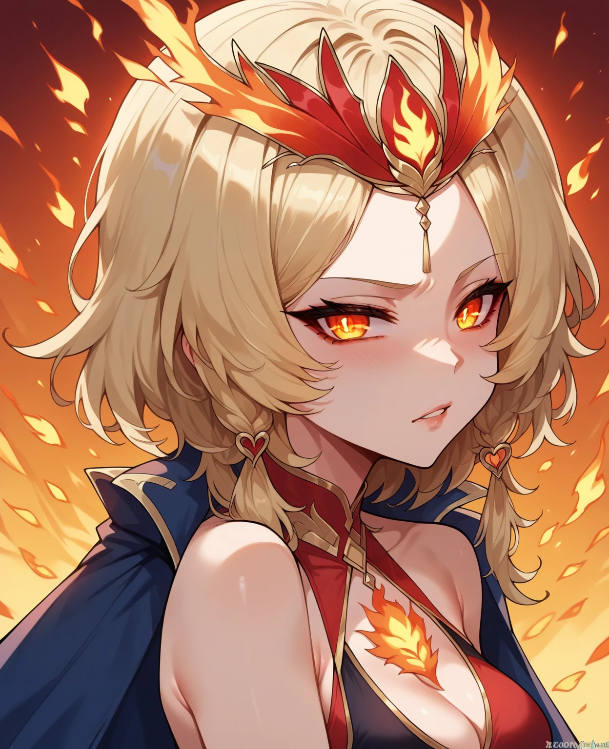 Adult woman, blonde hair in a bun, Cat's ears, golden eyes, red kimono, open breasts, open shoulders, ssmile, Masterpiece, hiquality