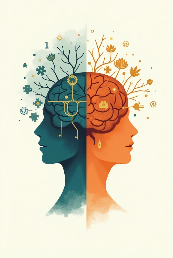 To create this image, imagine a brain divided into two parts, where each side is in conflict with the other. The left (rational) side of the brain can be represented by a figure with more organized and precise characteristics, with logical symbols such as numbers, graphs and gears. The right side (emotional) can be represented by a figure with more chaotic and expressive characteristics, with vibrant colors, waves of energy and perhaps symbols that represent emotions, such as hearts or tears.

These two sides could be “fighting” against each other, perhaps pushing or trying to dominate each other, creating a visual tension that represents the internal conflict between reason and emotion.