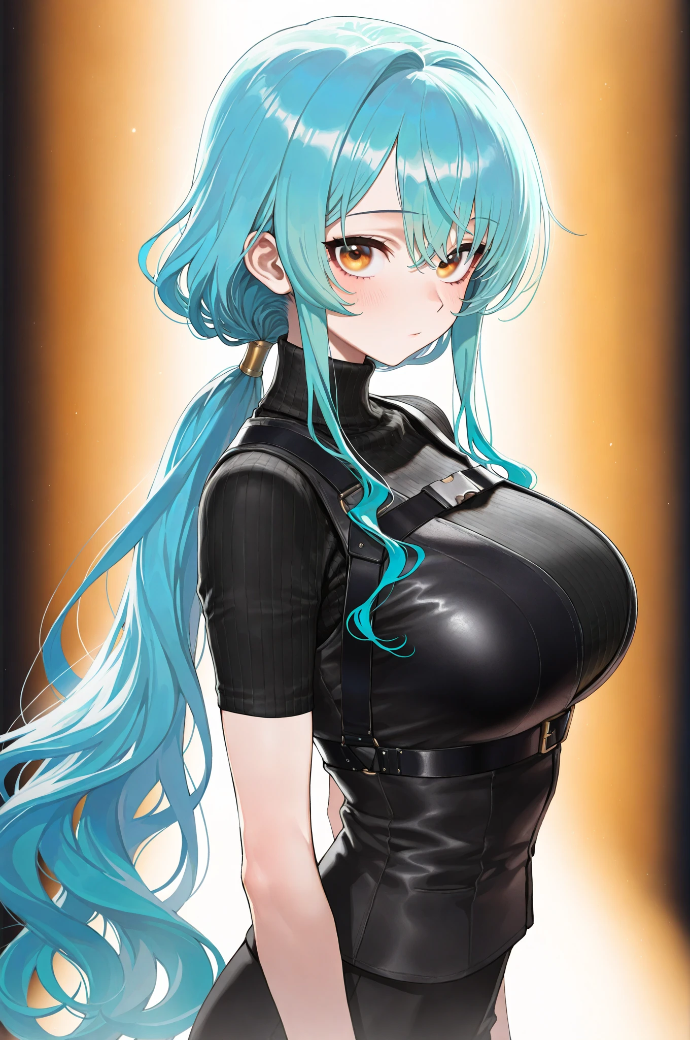 Adult woman, Long black hair, high ponytail, bunny ears, turquoise eyes, Black tight top, ssmile, Masterpiece, hiquality
