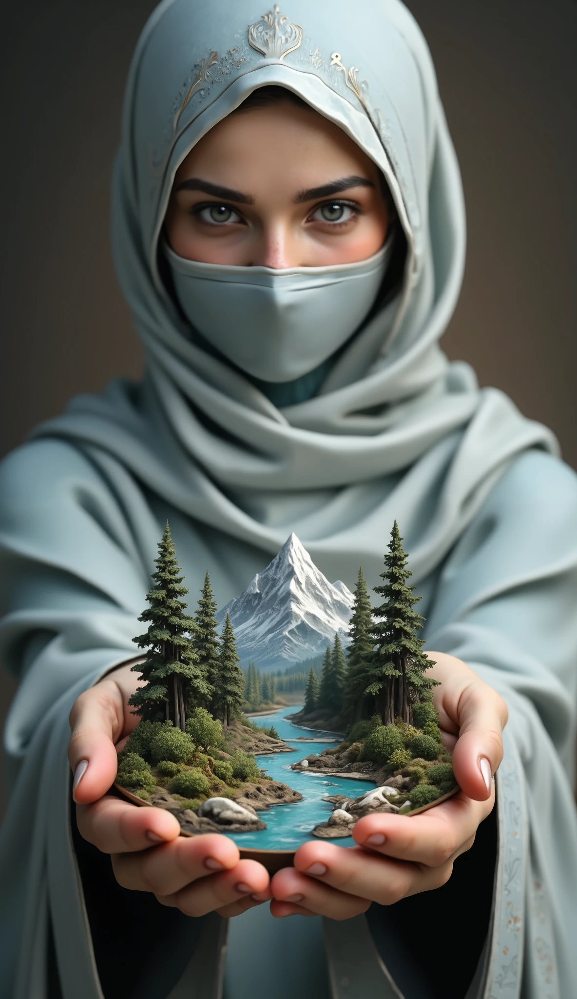 I need a picture of a mountain with trees and a river, so small, to be held by a muslim neqab abaya face veil woman hand in her hands
