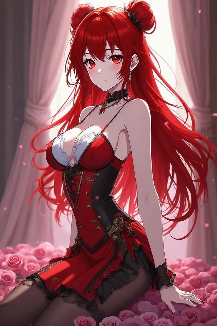 ((masterpiece, best quality)), (1girl),((mature female)), red hair, hairband, bangs, long hair, two piece strapless suit, micro suit, __location__, leotard, , black hairband, shoulder cutout, black thitying hair,curvy,cleavage,confident, ((flying petal)),(Flowery meadow), sunlight, sun, evening,, (evening theme:1.3), light, fantasy,